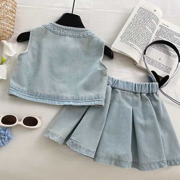 Girls Summer Thin Soft Denim Vest Skirt Two-piece Set