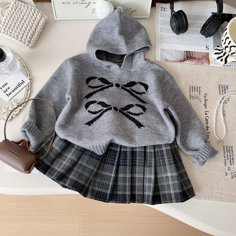 Girls' Hooded Sweater and Plaid Skirt Two-piece Set