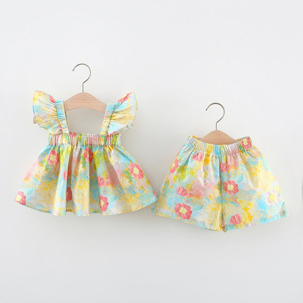 Baby Girls Set Printed Sling Fly Sleeve Princess Dress