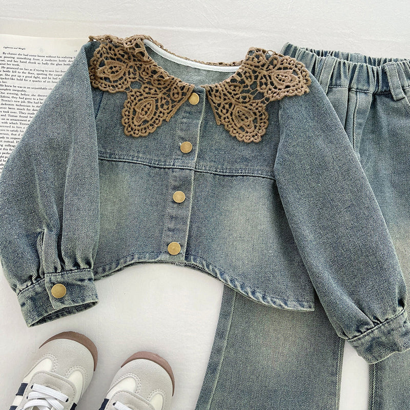 Girls' Autumn Denim Jacket and Jeans Two-Piece Set