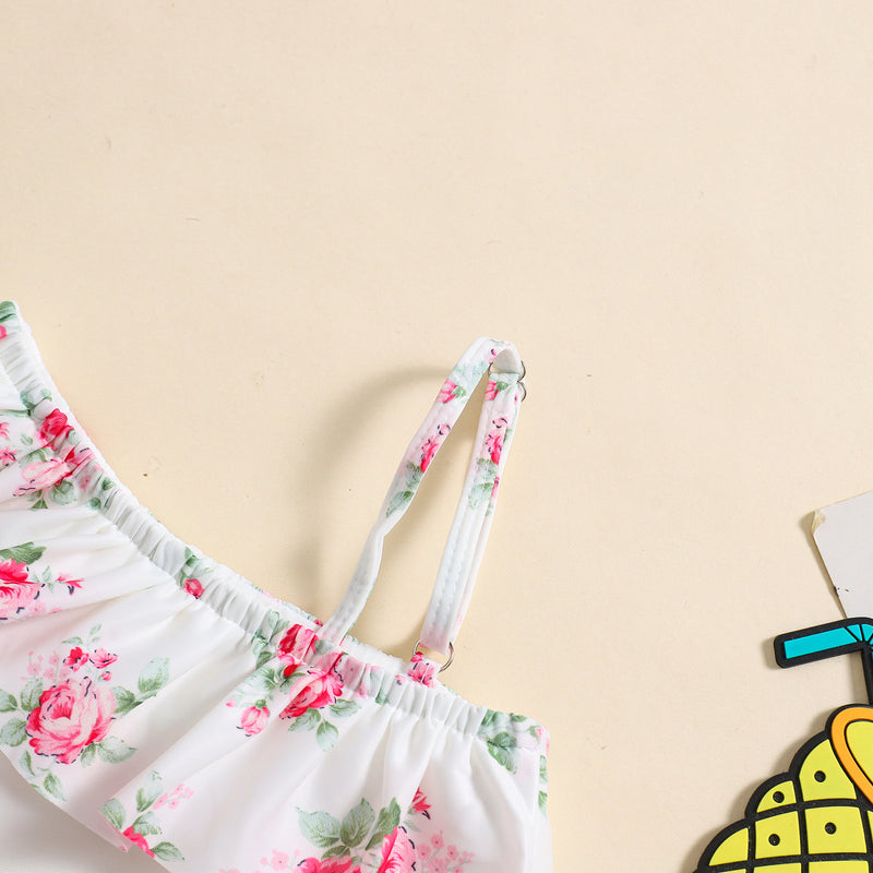 Baby Girls Flower Print One Shoulder Strap Swimsuit Two-Piece Set