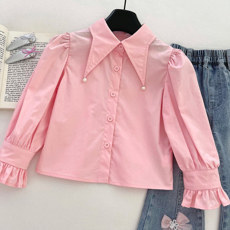 Girls' Autumn Heart Knitted Vest Shirt and Jeans Three-Piece Set