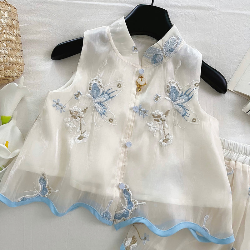 Girls Summer Embroidered Sleeveless Tops Shorts Two-piece Set