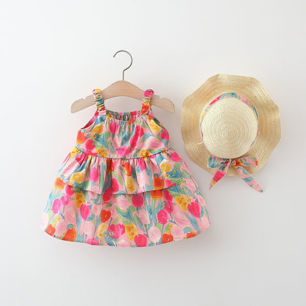 Summer New Girls Printed Suspender Cotton Cake Dress