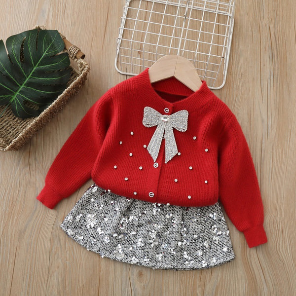 Girls' Rhinestone Bow Knitted Cardigan and Skirt Two-Piece Set