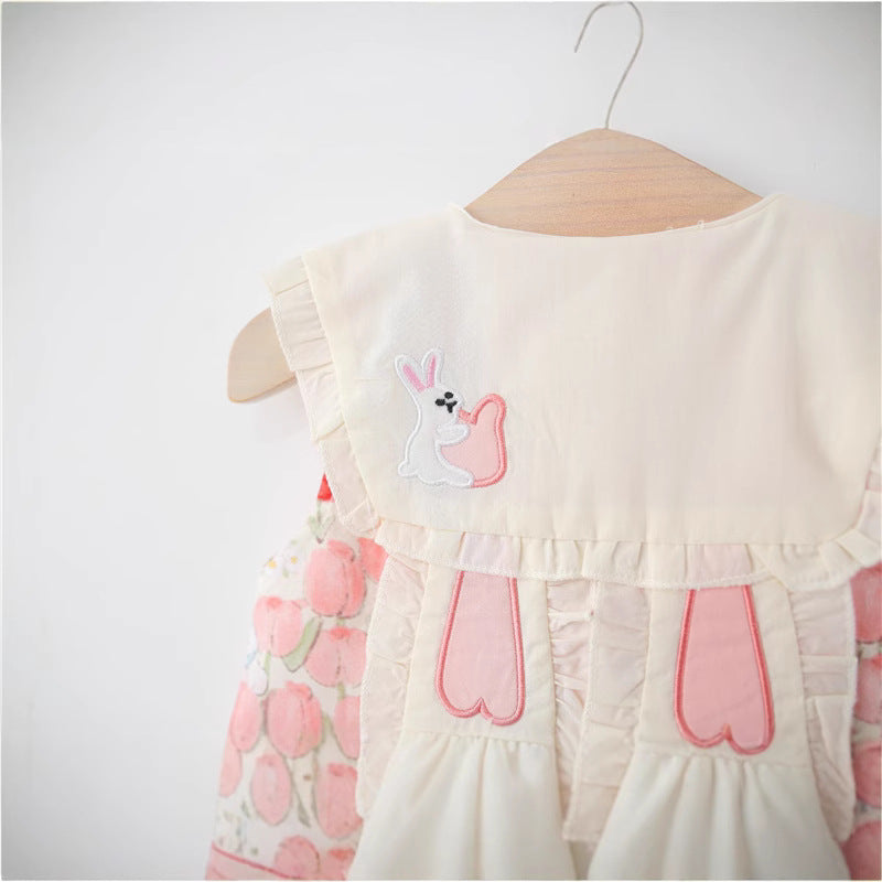 Girls Summer Floral Bow Bunny Ear Cotton Dress