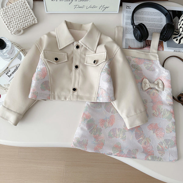 Girls' PU Leather Jacket and Printed Suspender Skirt Two-piece Set