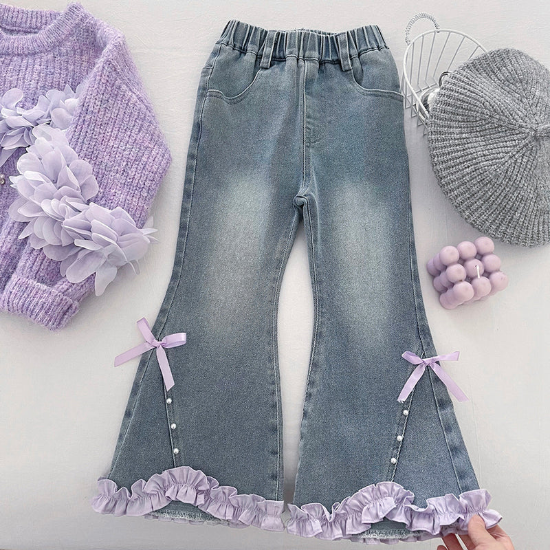 Girls' 3D Flower Beaded Sweater and Flared Jeans Two-Piece Set