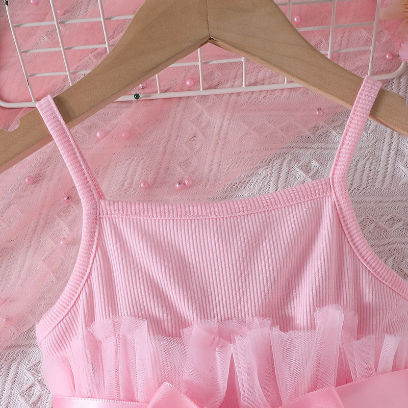 Summer New Girls Pink Suspender Princess Dress