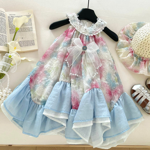 Girls Summer New Stitching Bow Halter Neck Princess Dress