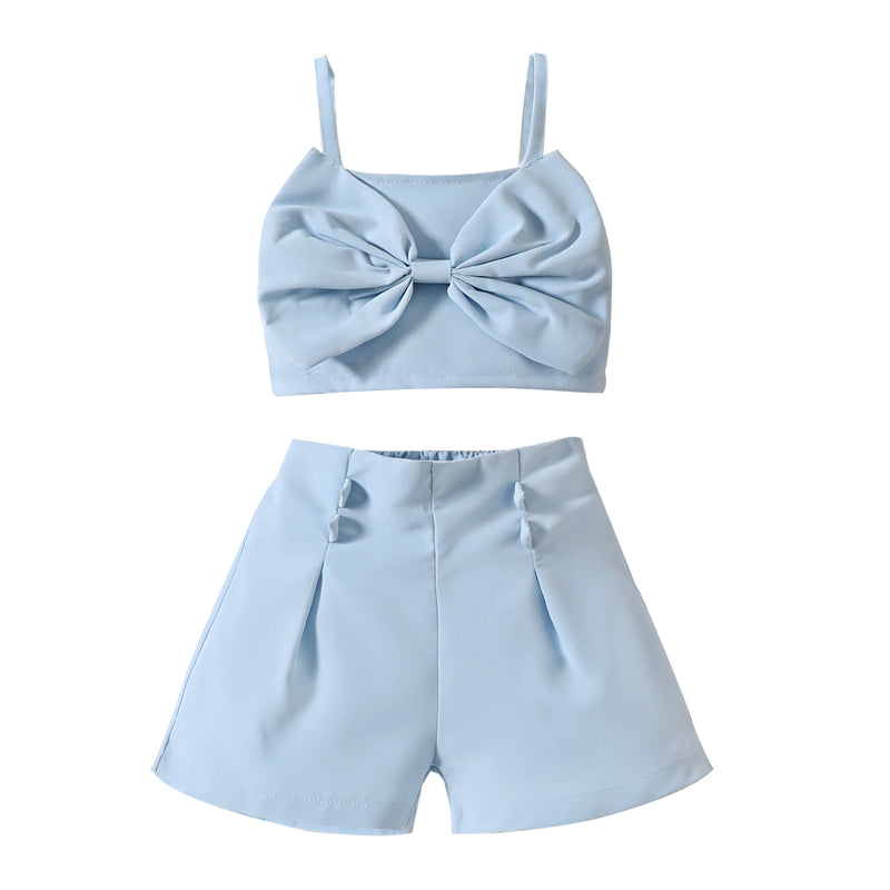 Summer Girls Bowknot Suspender Shorts Two-piece Set