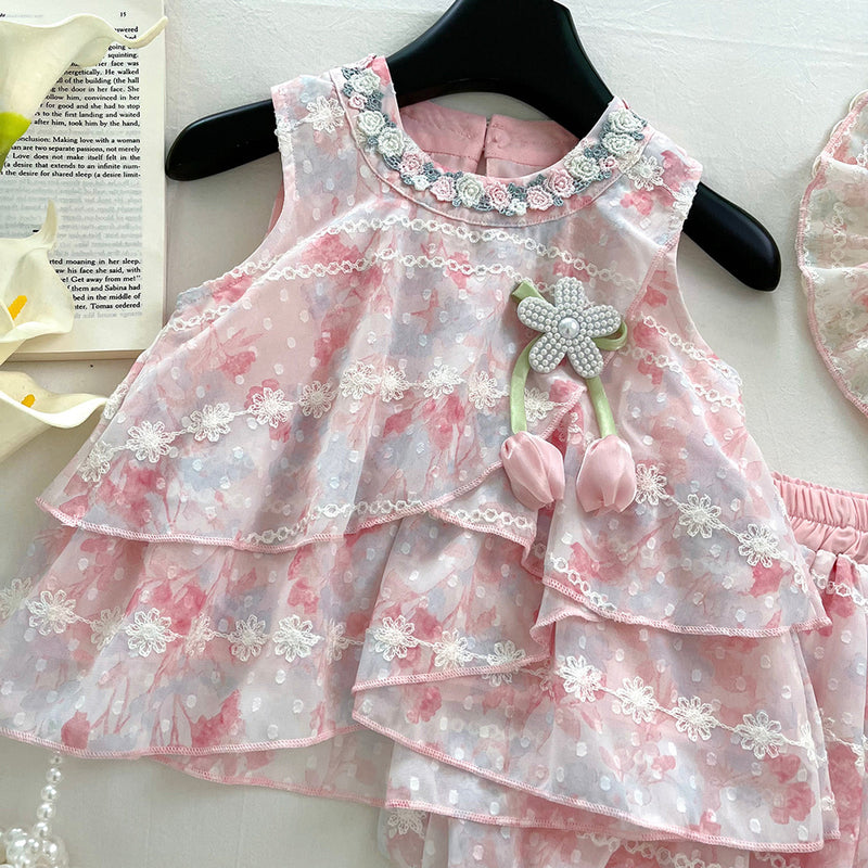 Summer Girls Sleeveless Vest Flower Bud Shorts Two-piece Set