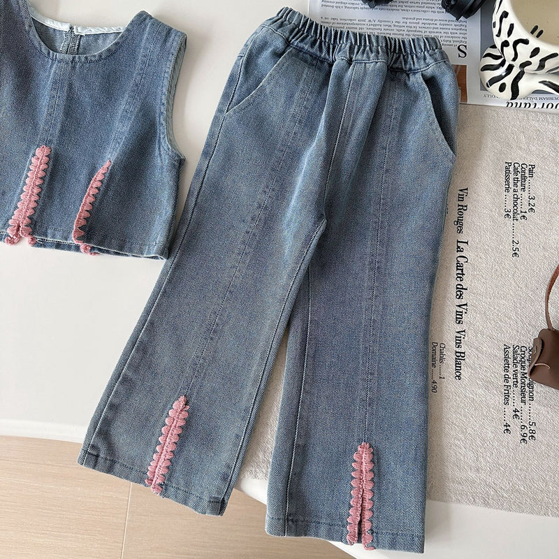 Girls Spring Vest Shirt Denim Wide-Leg Pants Three-Piece Set