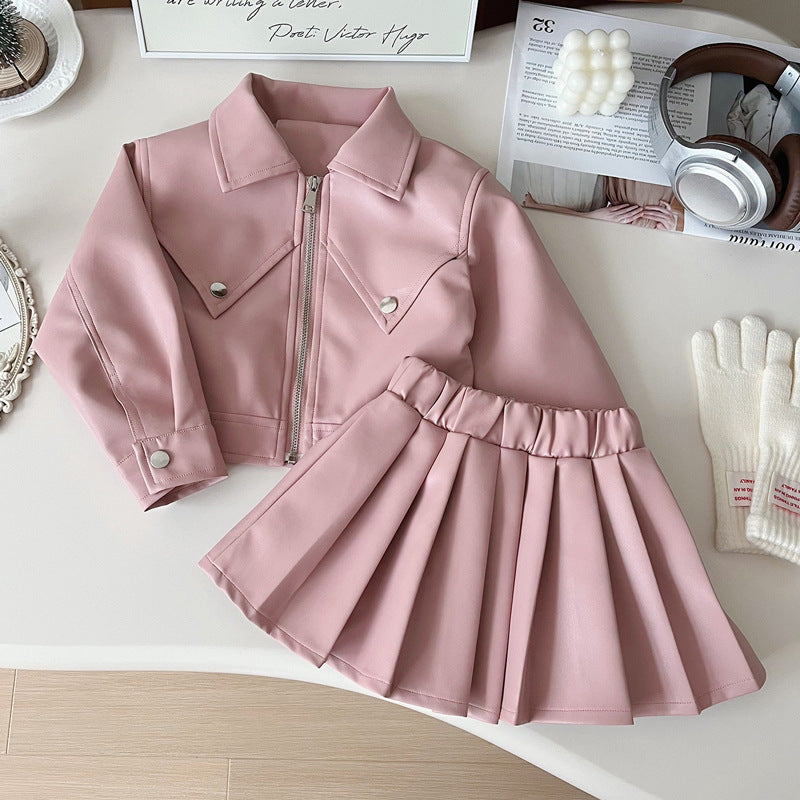 Girls Autumn Pu Leather Jacket Pleated Skirt Two-piece Suit