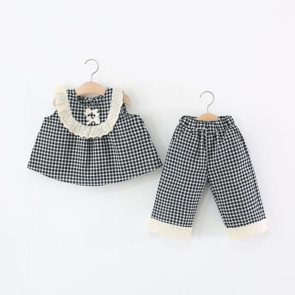 Girls Round Neck Plaid Sleeveless Top Trousers Two-piece Set