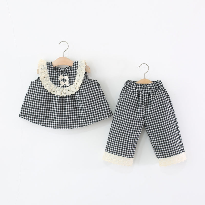 Girls Round Neck Plaid Sleeveless Top Trousers Two-piece Set