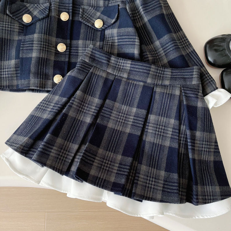 Girls' New Spring Plaid Jacket and Skirt Two-Piece Set