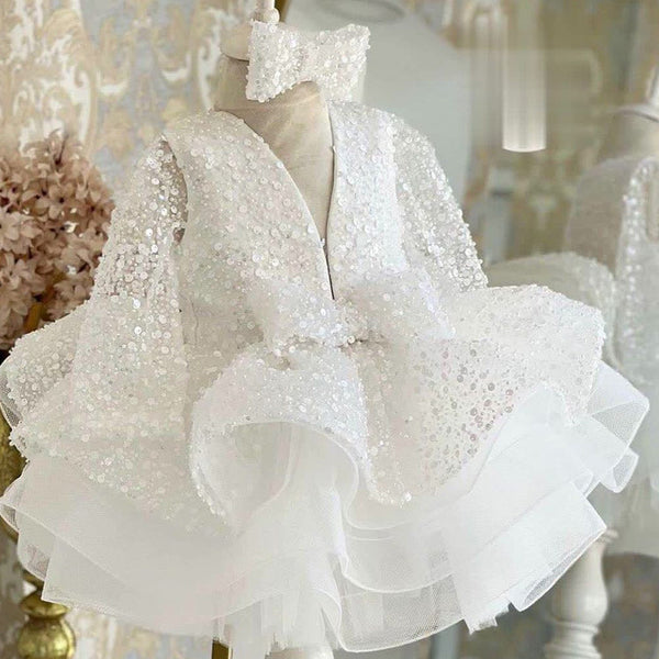 Elegant Baby Girl White V-neck Puffy Princess Dress Girl Toddler Christening Dress