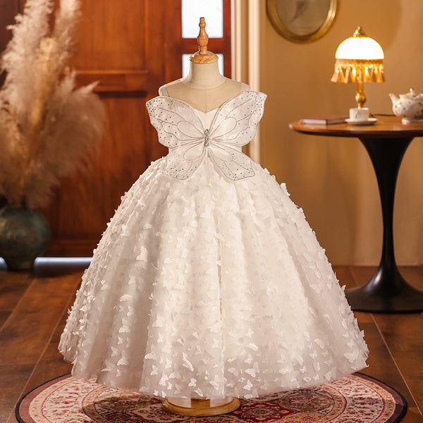 Elegant Baby White Butterfly First Communion Dress Toddler Ball Gowns