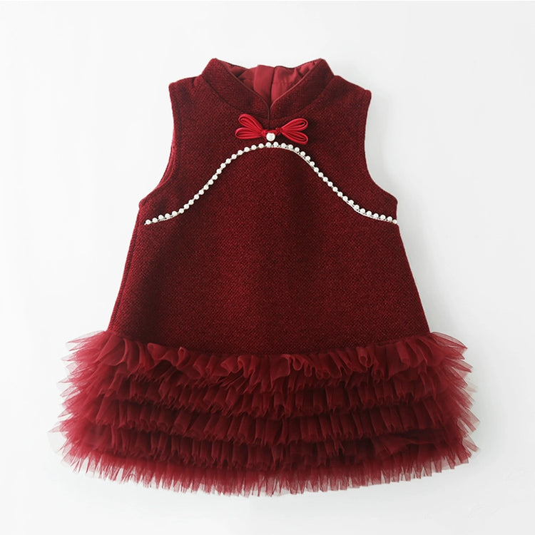 Girls' Cute Red Birthday Vest Cheongsam Princess Dress