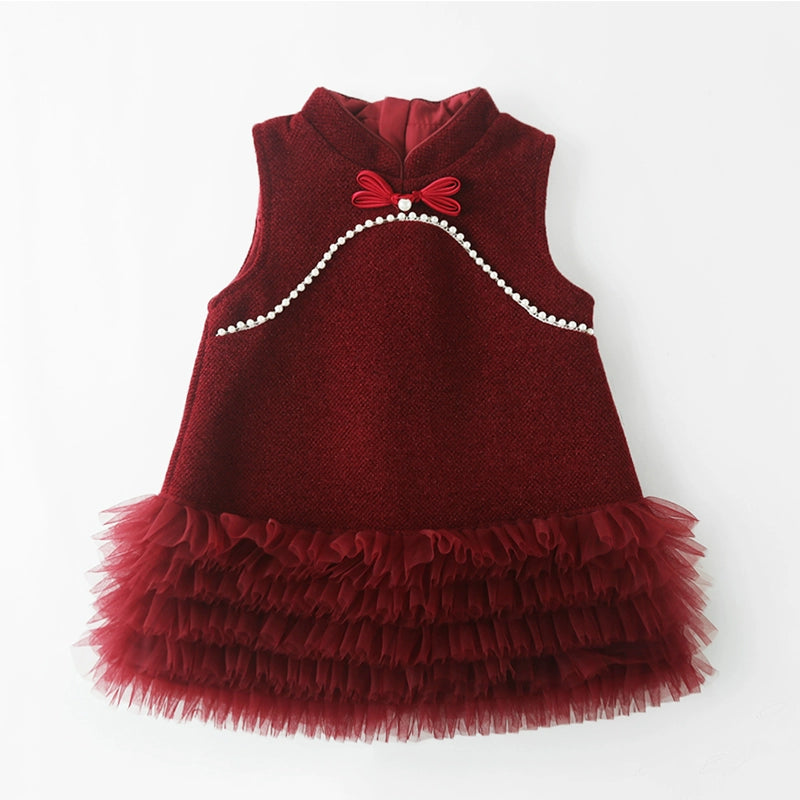 Girls' Cute Red Birthday Vest Cheongsam Princess Dress
