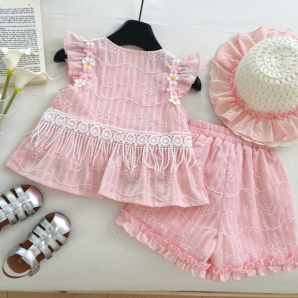 Girls Summer Flying Sleeve Top Lace Shorts Two-piece Set