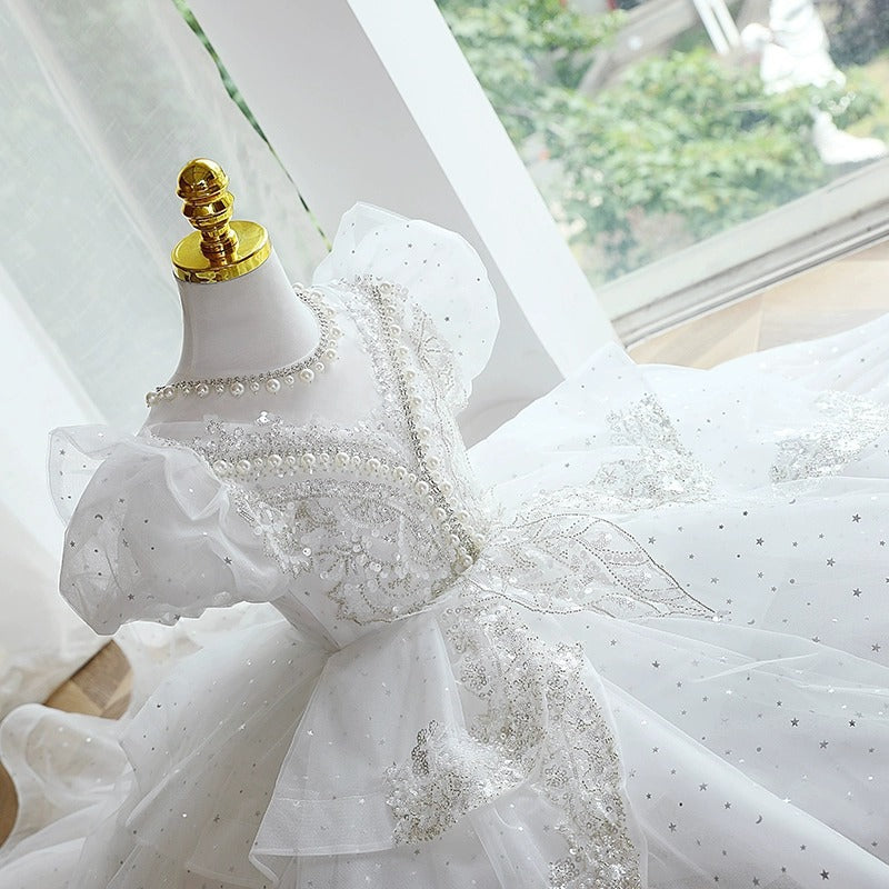 Elegant Baby Girls White Sequined Mesh Princess Dress Toddler First Communion Dress