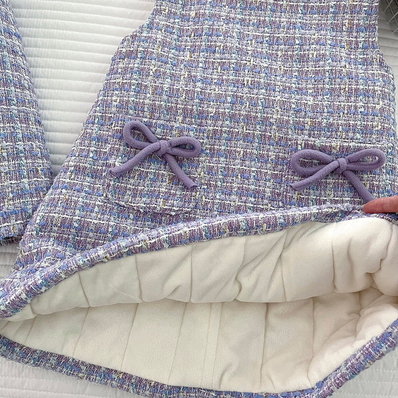 Girls' Winter Collared Plaid Coat Vest Dress Two-Piece Set