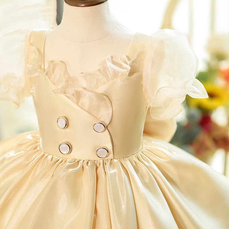 Cute Girl's Mesh Puff Sleeves Clutch Dress Toddler Prom Dress