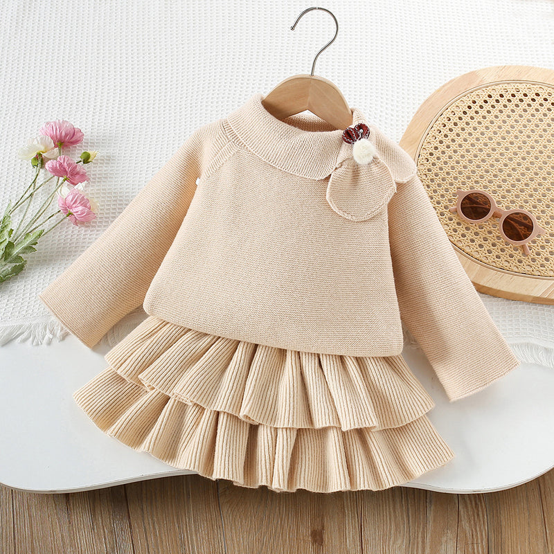 Girls' Solid Color Scarf Pullover Sweater Cake Skirt Two-piece Set