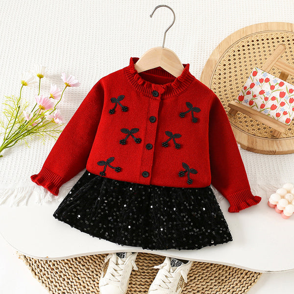 Girls' Diamond Knitted Cardigan Skirt Two-Piece Set