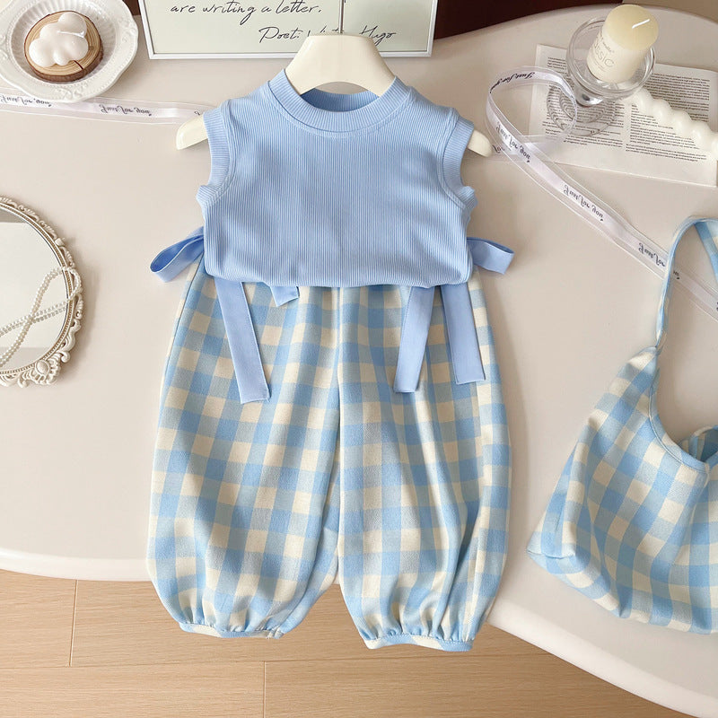 Girls Summer New Thin Top Plaid Pants Two-piece Suit