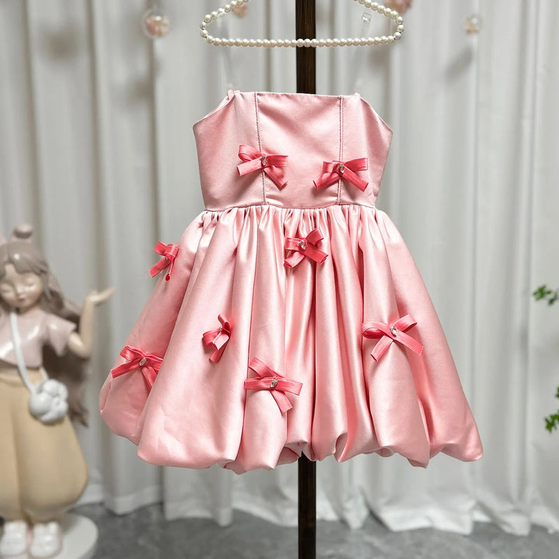 Girls Pink Birthday Princess Dress Children's Party Suspender Dress