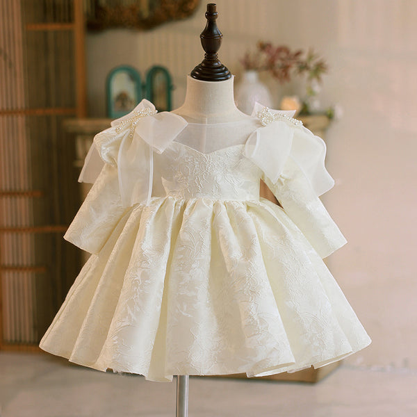 Elegant Baby Girl White Long Sleeve Bow Embroidered Princess Dresses For Girls Toddler Pageant Dresses