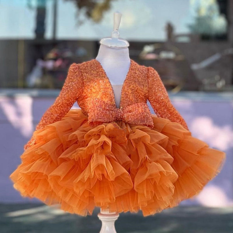 Baby Girl Sequins Beauty Pageant Dress Toddler Birthday Princess Dress, Orange / 1-2 Years (90cm)
