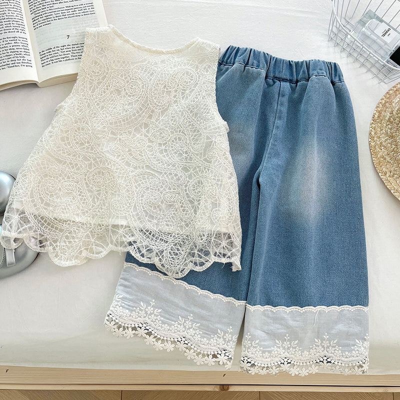 Girls' Summer New Lace Vest Denim Wide-Leg Pants Two-Piece Set
