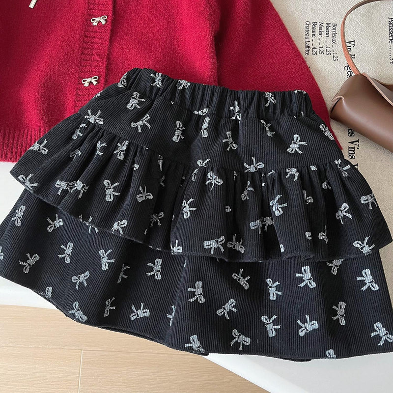 Girls' Knitted Sweater Cardigan Bow Skirt Two-piece Set