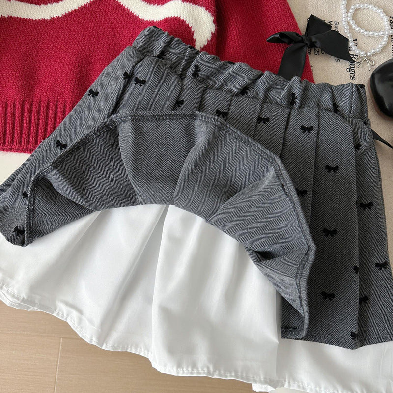 Girls Bowknot Long-sleeved Knitted Sweater Skirt Two-Piece Set