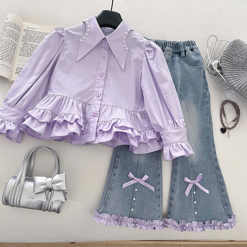 Girls' Autumn Knitted Vest Top and Flared Jeans Three-Piece Set