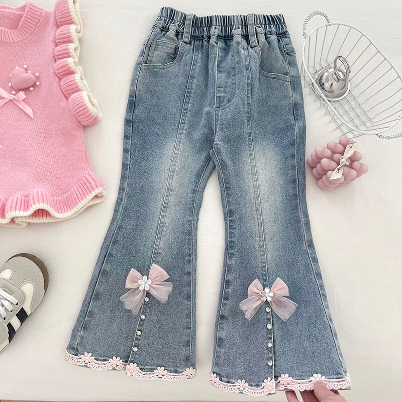 Girls' Autumn Heart Knitted Vest Shirt and Jeans Three-Piece Set