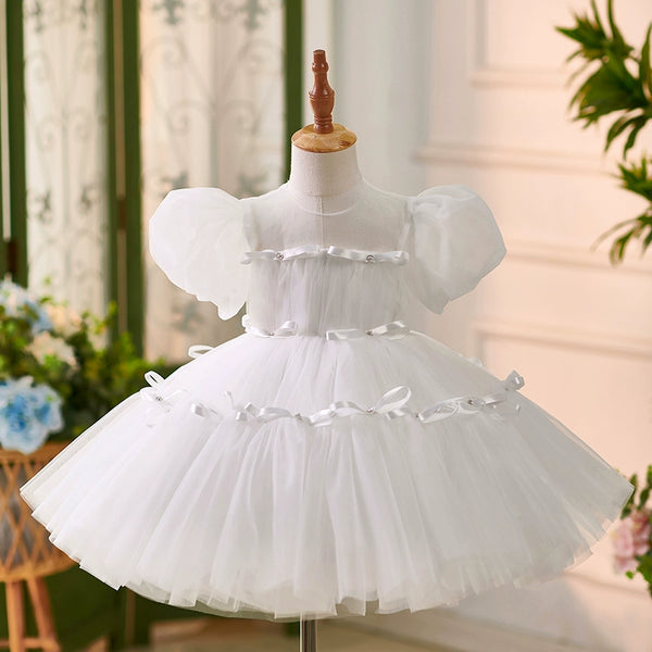 Elegant Baby White Puff Sleeve Flower Girl Dress Toddler Christening Dress