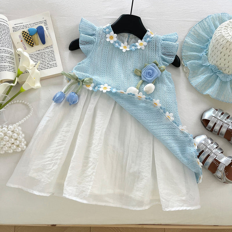 Girls Summer Flying Sleeve Lace Splicing Princess Dress