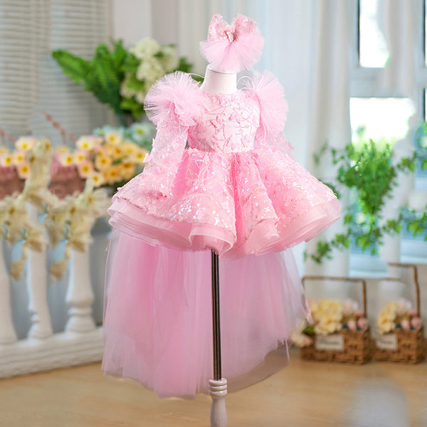 New Girls Pink Birthday Dress Flower Girl Cute Princess Dress