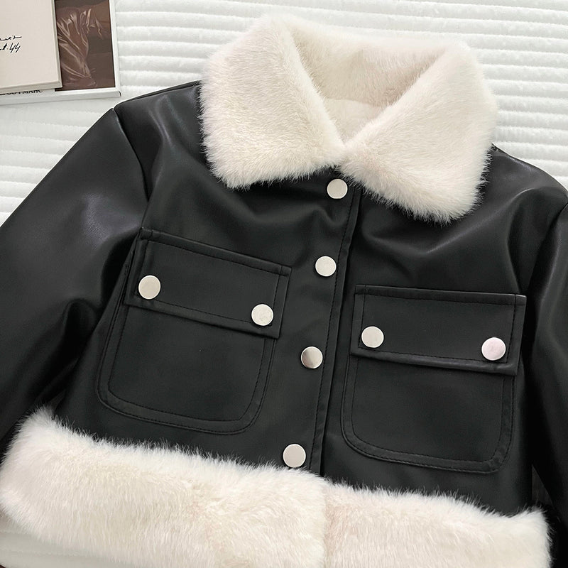 Winter Girls' Plush Patchwork Leather Jacket and Skirt Two-Piece Set