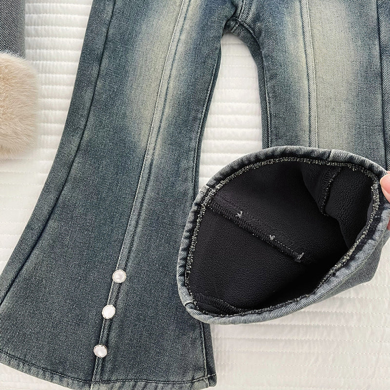 Girls' Winter Denim Jacket Flared Pants Two-piece Set