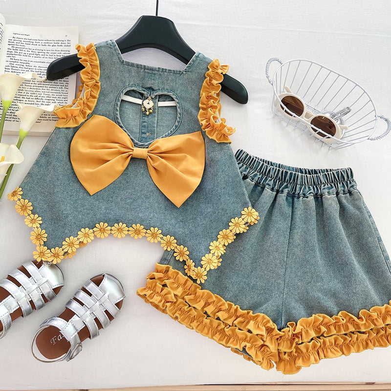 Girls' Summer Denim Hollow Back Bow Sleeveless Top and Shorts Two-piece Set
