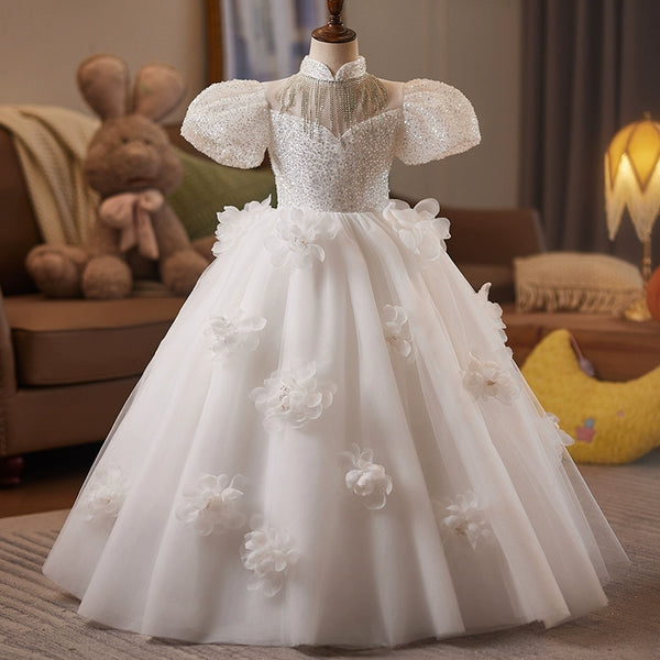 Girls White Birthday Dress Children Wedding Fluffy Princess Dress