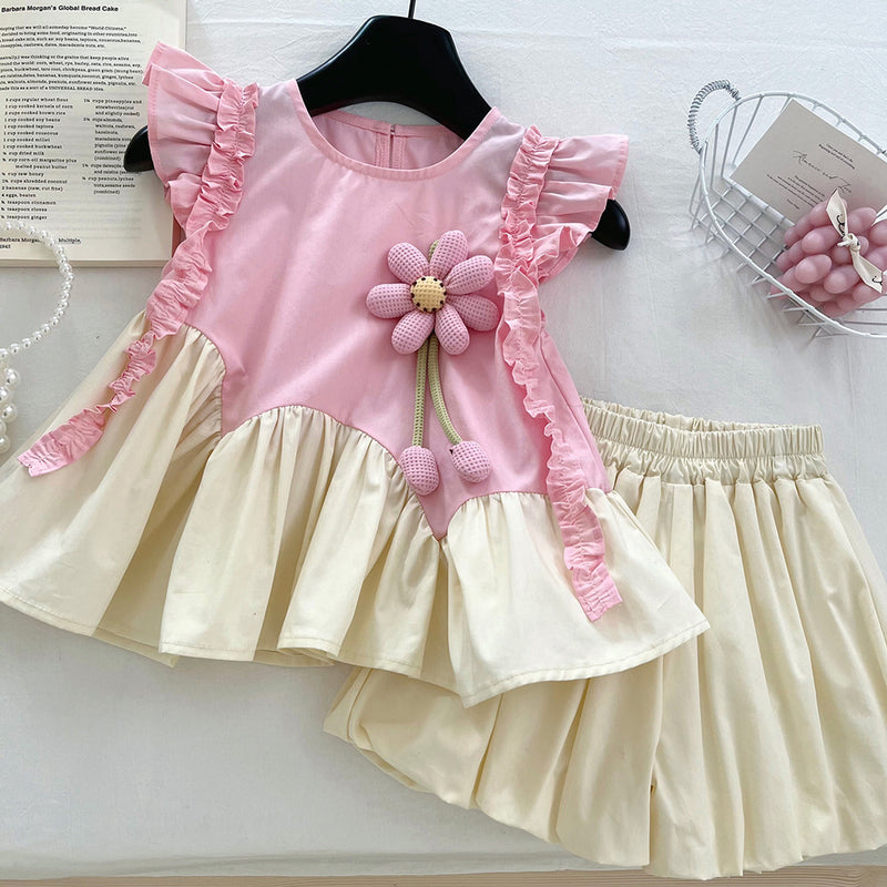 Girls' summer flower small flying sleeves two-piece suit