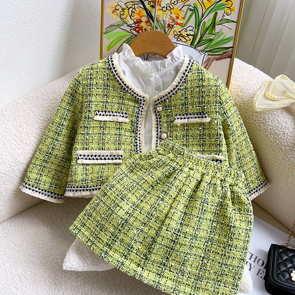 Sweet Baby Girl Collarless Green Plaid Top and Skirt Two-piece Set