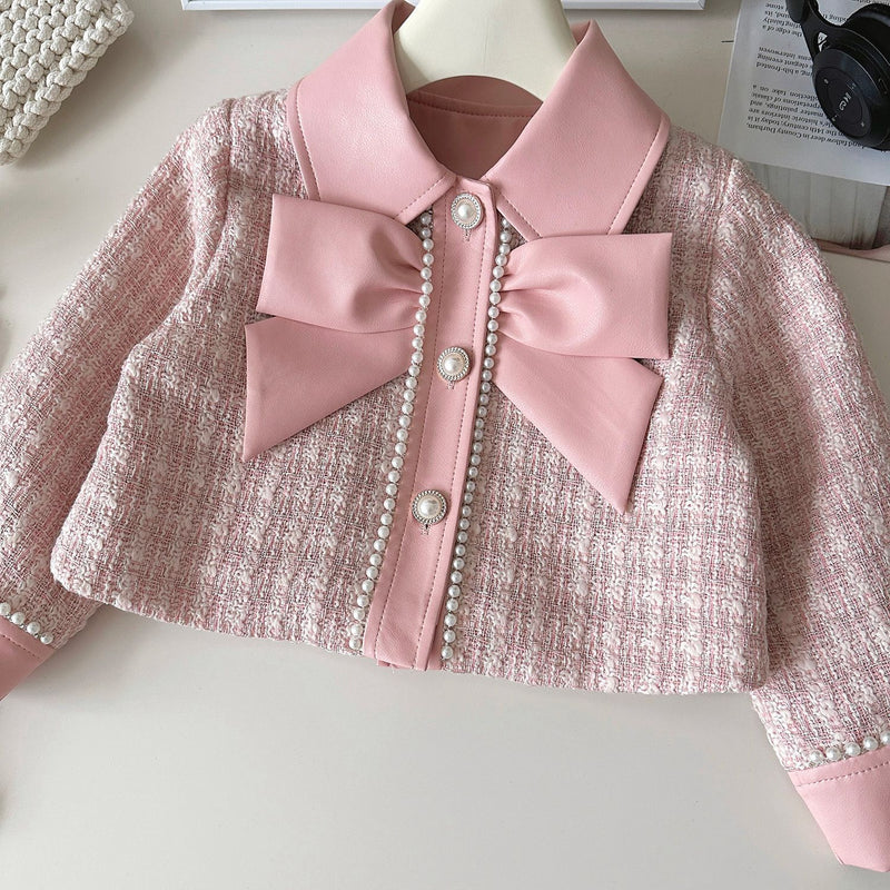 Spring Girls PU Leather Splicing Plaid Jacket Skirt Two-Piece Set